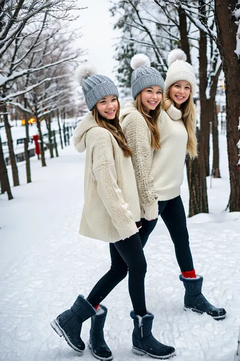 2heads, young woman with three heads, age 22, blonde, winter hat, winter clothes, warm leggings, snow boots, outside on a snowy winter day,