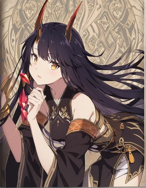 A dragon girl with a crystal horn　golden horn　Black Hair