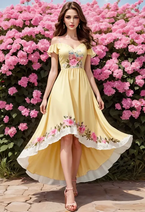 image of a demure loving woman, detailed medium brown hair, bright yellow detailed eyes with long eyelashes, short white dress p...