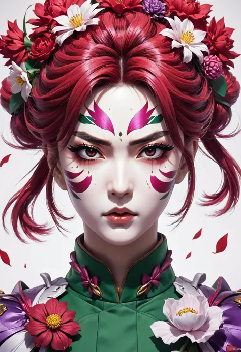 Drawing of a woman with flowers on her face, anime style, jojo anime style, detailed Anime Faces, Anime Faces, hisoka, highly detailed angry Anime Faces, Anime is an inspiration., Anime Faces, looking furious, look strict, pretty Anime Faces, Yayoi Kazuma,...