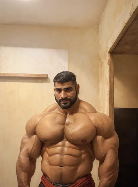 A handsome mature old Indian dad with a massive beard and no shirt standing in front of a door,baldy haircut, hyper muscular, pumped, roids, huge pecs, arms, biceps, shoulders, male focus, centered, tan skin, bodybuilder, meticulous muscle definition, deta...