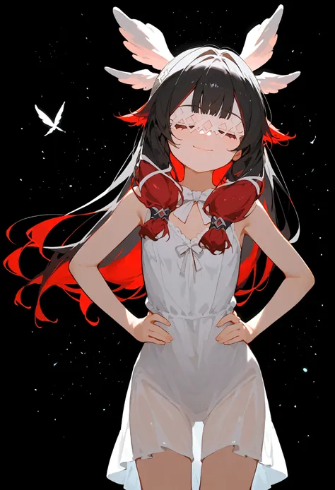 (score_9, score_8_up, score_7_up), source anime, 1girl, columbina, black hair, multicoloured hair, red hair, eye mask, head wings, white chemise dress, short dress, small breasts, hands on hips, closed eyes, smile, leaning forward, closed mouth, head tilt,...