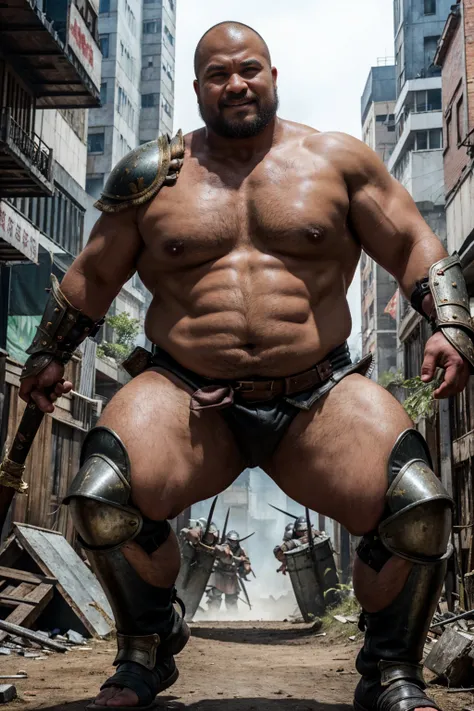 looking at us, Staring Intently, face focus, Bandit, Fat ferocious barbarian:2, This barbarian is a robust stocky Japanese, smirking, lets out a yell, mid combat, intense battle scene, leather and iron armor, armored short skirt, holding a Viking War Axes,...