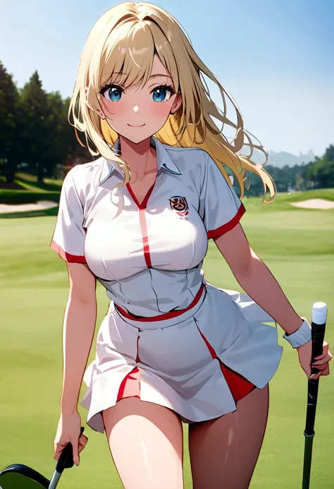 sound　high resolution　8k beauty　woman playing golf　golf course　beautiful woman　semi-long　blonde　white　golf wear　mini skirt　smile...