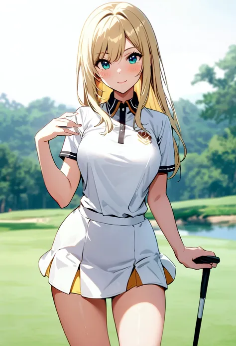 sound　high resolution　8k beauty　woman playing golf　golf course　beautiful woman　semi-long　blonde　white　golf wear　mini skirt　smile...