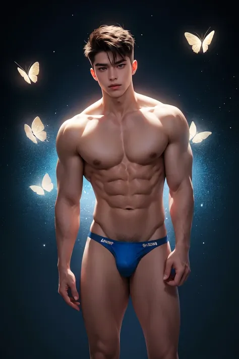 (8K, RAW photos, Highest quality) masterpiece, 1 boy, 18 years old, Asian muscular man Look at the audience, standing, spoiled style pose ((sexy style, lust style)),showing his big, muscular breasts, puffy nipples  , sexy six pack, narrow waist, Handsome, ...