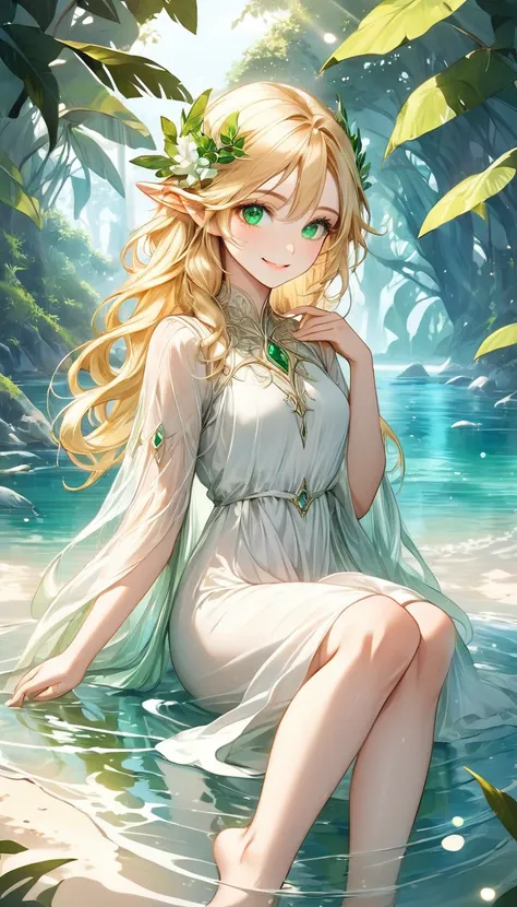 Create a digital illustration of a beautiful elven woman with blonde hair and emerald eyes wearing a white dress. She should be depicted in a relaxing setting, at the beach with her feet in the water, with a serene smile. She should have a beautiful symmet...