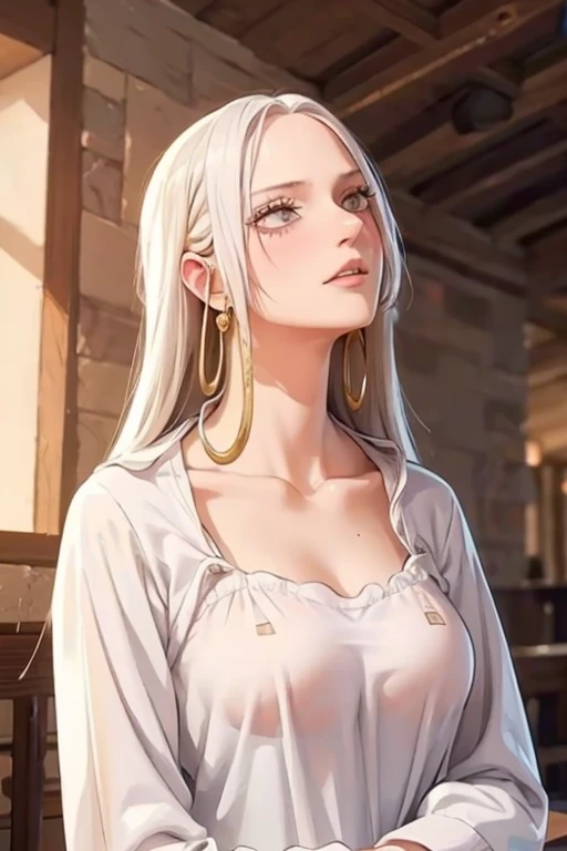 best quality, masterpiece,white hair, gold eyes,white clothes, looking up, upper body,hair strand,Fair skin,side braids