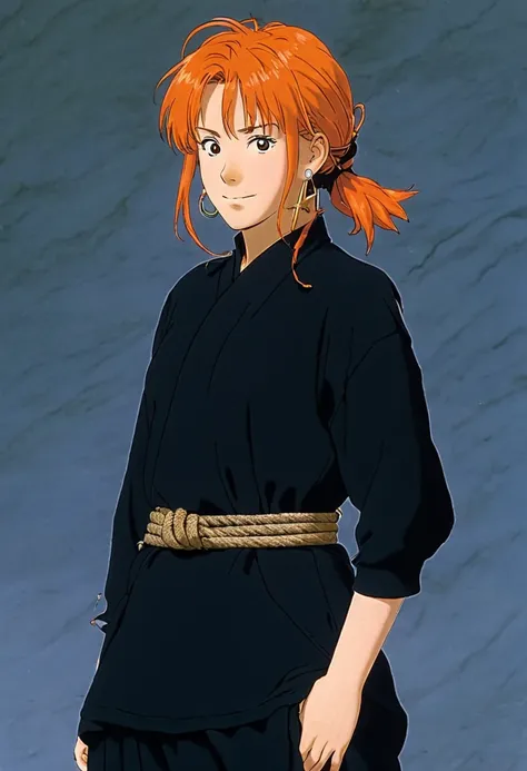 A Ghiblis studio character. With messy orange hair and dark large clothes. Her belt is a rope and she wear very noticeable earrings 