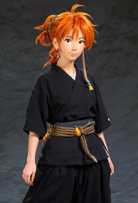 A Ghiblis studio character. With messy orange hair and dark large clothes. Her belt is a rope and she wear very noticeable earrings 