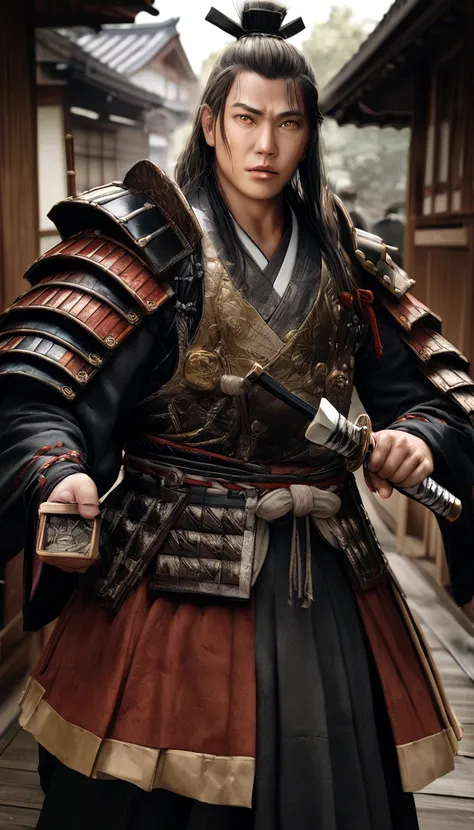 highest quality,4K,8k,High resolution,masterpiece:1.2),Super detailed,(Realistic,photoRealistic,photo-Realistic:1.37),Japanese samurai in the Sengoku period, Wearing full samurai armor,A face like a chiseled Japanese actor，Put the whole body in、 Point your...