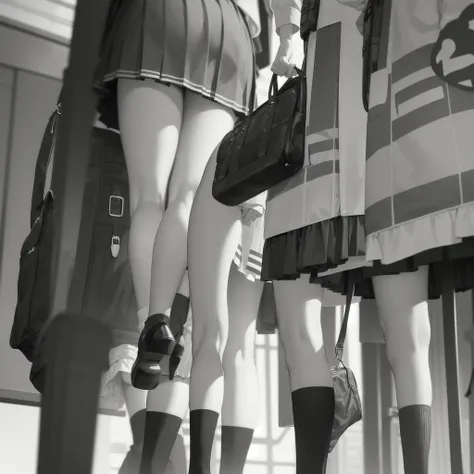 Man standing next to a train々Group of, photograph, Wearing a skirt and knee-high socks, school bag, Sexy Style,   Blur, Two Women,  photograph, Atmospheric, Skirt lining, angle：Directly below, Being molested, Her skirt is being flipped up