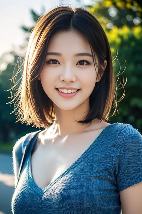 a gorgeous lady, age 22, sky-blue Knit T-shirt and black miniskirt, under night sky, natural pose, dimpled smile, short bob hair, cute snaggleteeth, well-endowed round bosom, photorealistic, beautiful detailed eyes, hyper-realism, high contrast, ultra HD, ...