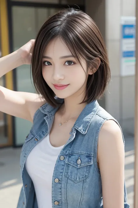 Flying debris、highest quality、shape、 Very detailed、Fine details、 High resolution、8K Dende Wallpaper、Perfect dynamic composition、27歳のpretty girl、pretty girl、Beautiful face in every detail、Small and cute eyes、Textured skin、A modest smile、Wavy short hair、Smal...