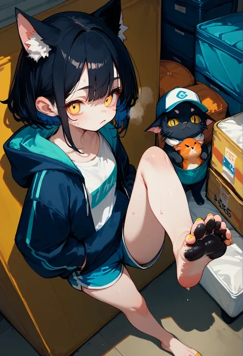 score_9,score_8_up,score_7_up,score_6_up,score_5_up,source_anime,source_furry, furry female, cat girl, black fur, yellow eyes, black hair, paw_sloe,sharp_toenails, pawpads, (standing and show foot,standing and toe-point,toe-point,from above,standing,foot f...