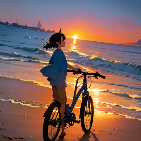 Studio Ghibli Style HMC, Studio Ghibli Style HMC, Beach sunset bike view,Blues, One boy,landscape,Beautiful sunset,