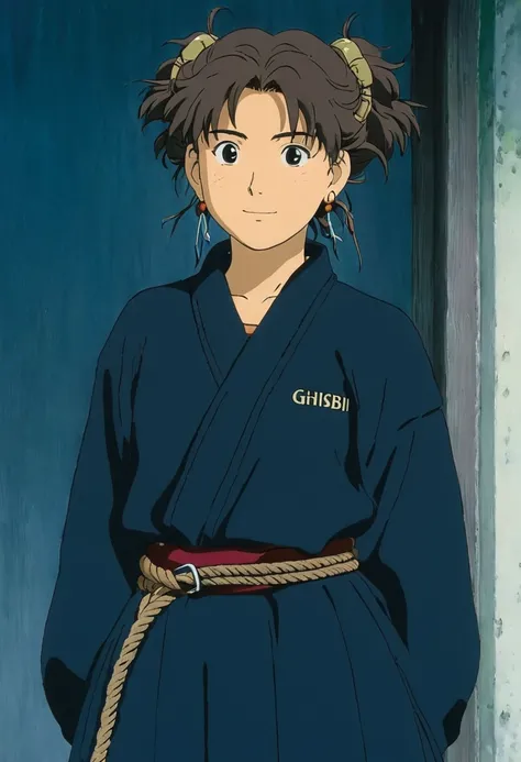 A Ghiblis studio character. With messy hair and dark large clothes. Her belt is a rope and she wear very noticeable earrings 