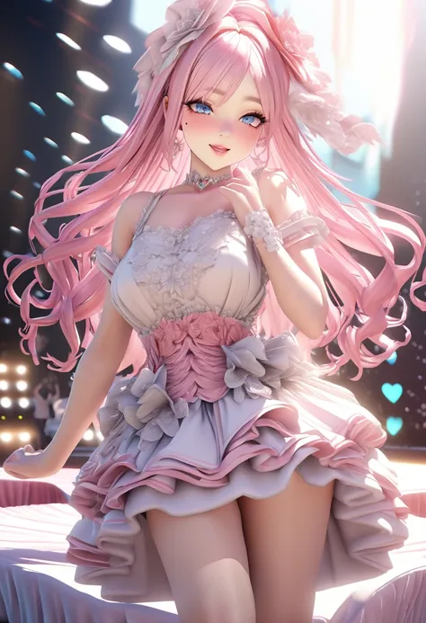 One girl looking at the audience, beautiful blue eyes, pink medium long hair, mole under eye, plump glossy lips, heart shaped choker, idol, smiling, ... 3D, realistic, princess dress with too many frills, mini skirt, draped clothes, jewels, stripped of emb...