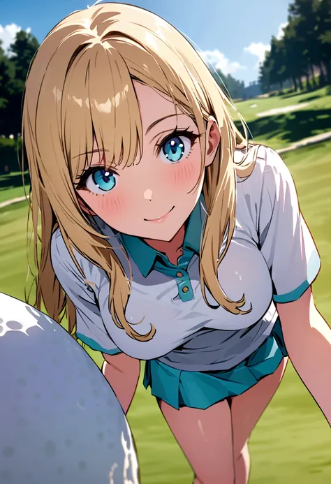 sound　high resolution　8k beauty　Woman playing golf　Golf course　Beautiful woman　semi-long　Blonde　White　Golf Wear　mini skirt　smile　　looking at the camera　nice shot