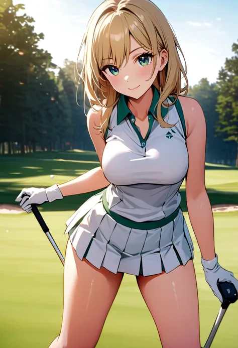 sound　high resolution　8k beauty　Woman playing golf　Golf course　Beautiful woman　semi-long　Blonde　White　Golf Wear　mini skirt　smile　　looking at the camera　nice shot