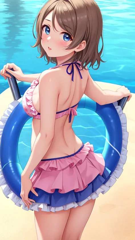 (Masterpiece), 8k wallpaper, solo, Watanabe you, game cg, beautiful detailed face and eyes, perfect anatomy, blush, glossy lips, standing, pool, frilly bikini with microskirt, looking back at viewer