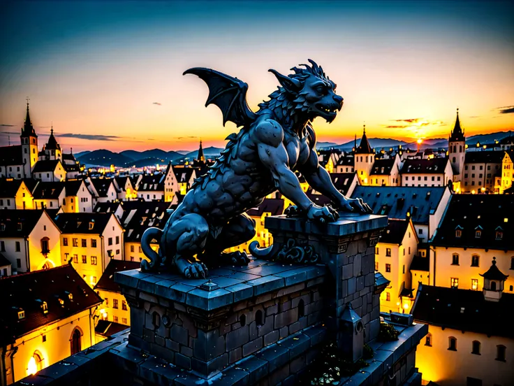 a view of fantasy medieval city, taken from the top of church of , at night, the shot taken behind a ((statue of a gargoyle on the roof: 1.5)), 16K, ultra detailed, masterpiece, best quality, (extremely detailed), arafed, dnd art, god rays, cinematic light...