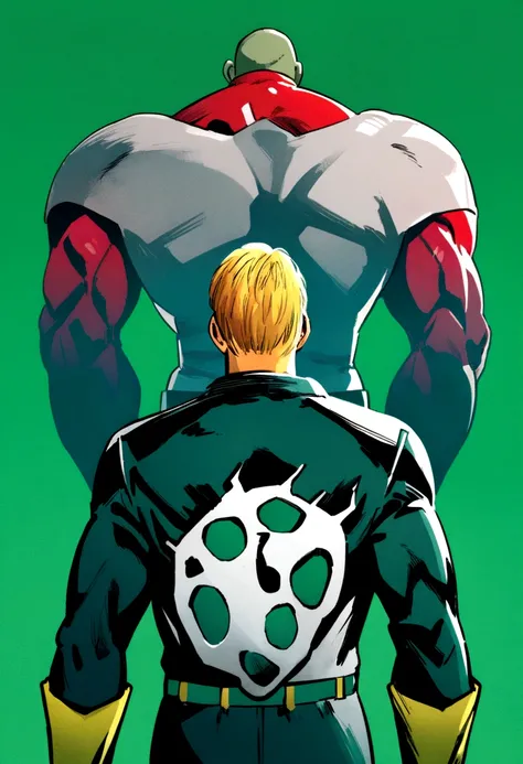 Create a movie poster inspired by Tomohiro Suzukis "One-Punch Man" style, featuring smile man in his hero uniform gazing into the horizon with green background back turned to the camera