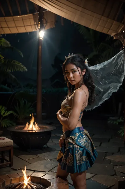 pretty balinese dancer, long messy hair, wear torn kebaya and skirt, broken Tiara. dancing under rain, next to fire pit. shadowed temple in the backgroun with big blue full moon. bat flies. cinematic lighting, hyprerealistic photo, ultra smooth, cinematic ...