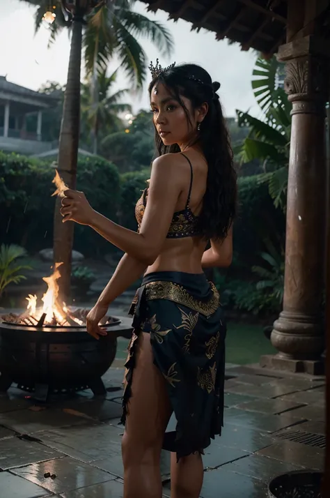 pretty balinese dancer, long messy hair, wear torn kebaya and skirt, broken Tiara. dancing under rain, next to fire pit. shadowed temple in the backgroun with big blue full moon. bat flies. cinematic lighting, hyprerealistic photo, ultra smooth, cinematic ...