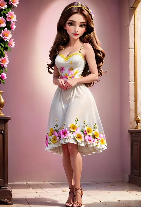 image of a demure loving woman, detailed medium brown hair, bright yellow detailed eyes with long eyelashes, short white dress p...