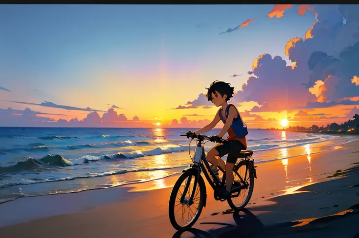 Studio Ghibli Style HMC, Studio Ghibli Style HMC, Beach sunset bike view,Blues, One boy,landscape,Beautiful sunset,