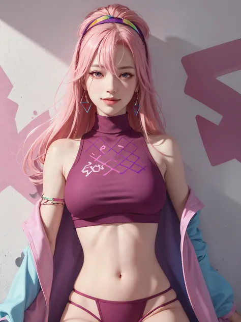 (Masterpiece, best quality, 1 girl, alone, complicated details, Chromatic aberration), realistic, ((Moderate breath)),long hair, pink hair, Red headpiece, Pink Highlights, hair on one eye,purple eyes, earring, sharp eyes, choker, Neon coat, She wears a col...