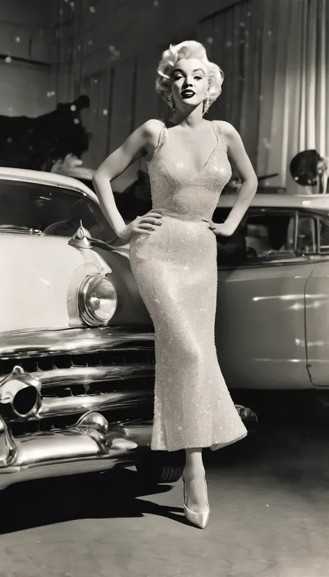 full body neutral pose of Marilyn Monroe in white glittery dress, standing in a t pose, 1950s photography