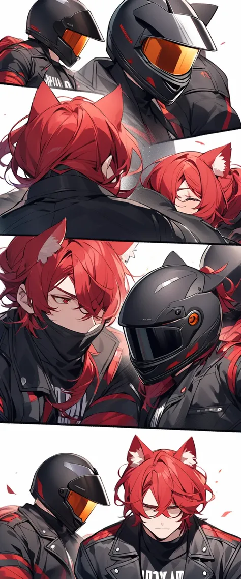 A muscular biker with long red hair and wears a motorcycle helmet. The motorcycle should be black. The helmet should cover his head and face, the helmet should have cat ears