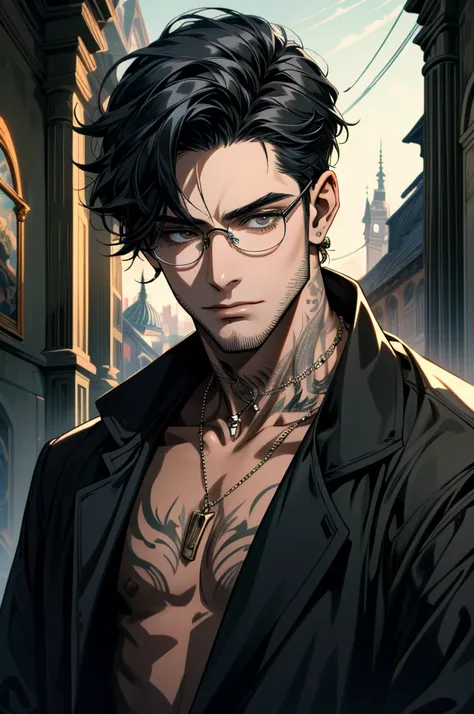 ((ultra detailed, masterpiece, absurdres)) 1boy, solo, black hair, tattoo, necklace, black beard stubble, glasses,