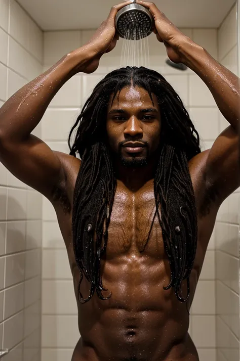 A beautiful black man with long hair taking a shower