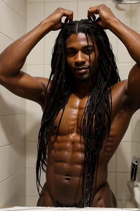 A beautiful black man with long hair taking a shower