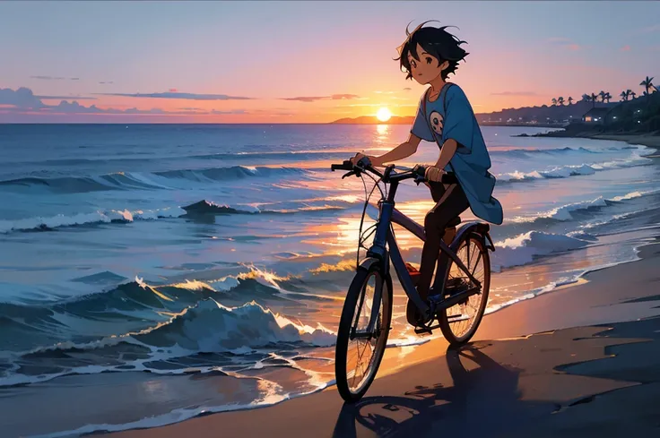 Studio Ghibli Style HMC, Studio Ghibli Style HMC, Beach sunset bike view,Blues, One boy,landscape,Beautiful sunset,