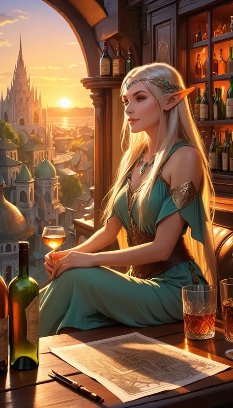 Fantasy art, sunset cityscape, elven woman sitting relaxed, detailed and clear drawing, beautifully drawn face, hands and feet, warm light, antique city background, bar atmosphere, table lined with bottles and glasses, fantastic and calming atmosphere