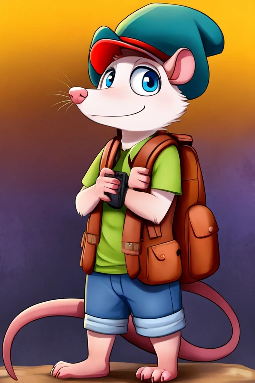 Create a character containing a possum that wears a hat, backpack and blue eyes 