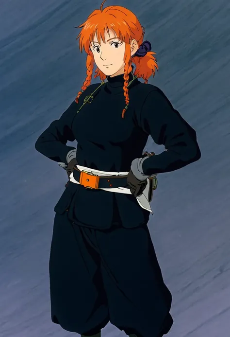 A Ghiblis studio character. With messy orange hair and dark large clothes. Her belt is a rope and she wear very noticeable earrings and gloves