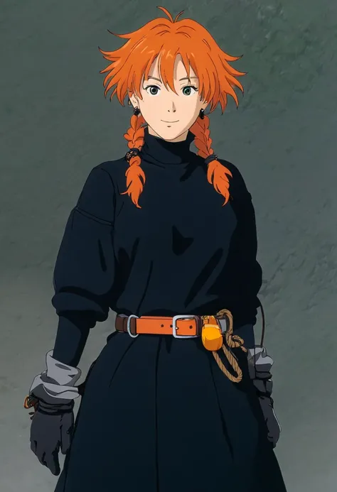 A Ghiblis studio character. With messy orange hair and dark large clothes. Her belt is a rope and she wear very noticeable earrings and gloves