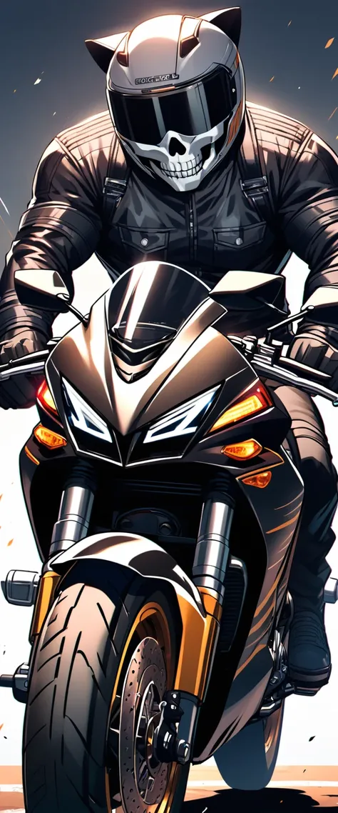 A muscular biker who wears a motorcycle helmet that covers his head and face. The motorcycle helmet should be shaped like a skull and have cat ears