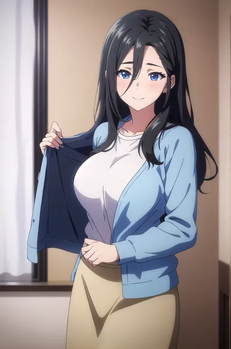 masterpiece, (best quality), 1woman,1girl ,haruhiko_ichijou_mother,  black hair, long hair,  (blue eyes),casual clothes, (skirt),big breasts ,, ,sexy woman,smile, hair between eyes, long sleeves,closed clothes, embarrassed,blush, undressing  , vibrant colo...