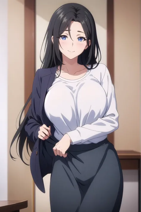 masterpiece, (best quality), 1woman,1girl ,haruhiko_ichijou_mother,  black hair, long hair,  (blue eyes),casual clothes, (skirt),big breasts ,, ,sexy woman,smile, hair between eyes, long sleeves,closed clothes, embarrassed,blush, undressing  , vibrant colo...