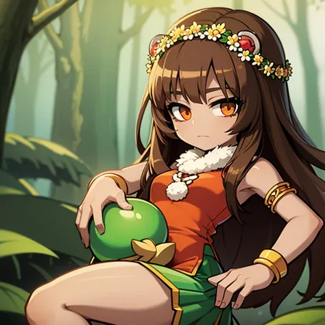 Anime image of a goddess girl with long brown hair, very tanned and brown skin, she has bear ears and a tail, she wears a green dress, There is a wreath on his head, is in the forest