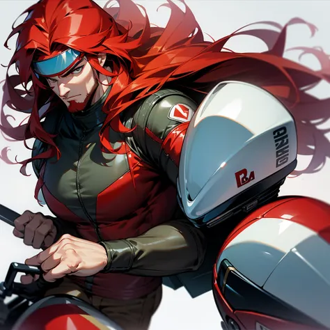 A muscular biker with long red hair and wears a motorcycle helmet that covers his head and face.