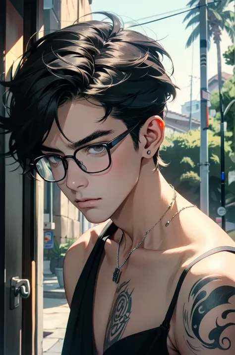 ((ultra detailed, masterpiece, absurdres)) 1boy, solo, black hair, tattoo, necklace, black beard stubble, glasses,