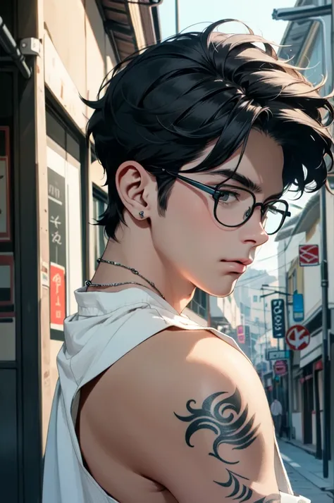 ((ultra detailed, masterpiece, absurdres)) 1boy, solo, black hair, tattoo, necklace, black beard stubble, glasses,