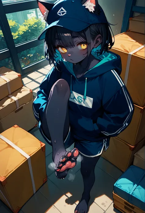 score_9,score_8_up,score_7_up,score_6_up,score_5_up,source_anime,source_furry, furry female, cat girl, black fur, yellow eyes, black hair, paw_sloe,sharp_toenails, pawpads, (standing and show foot,standing and toe-point,toe-point,from above,standing,foot f...